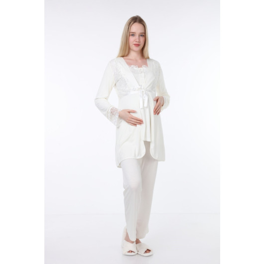 Lace Maternity Pajama Set With Dressing Gown Ecru