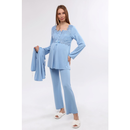 Lacy Maternity Pajama Set With Dressing Gown Blue