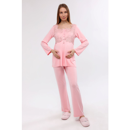 Lace Maternity Pajama Set With Dressing Gown Pink