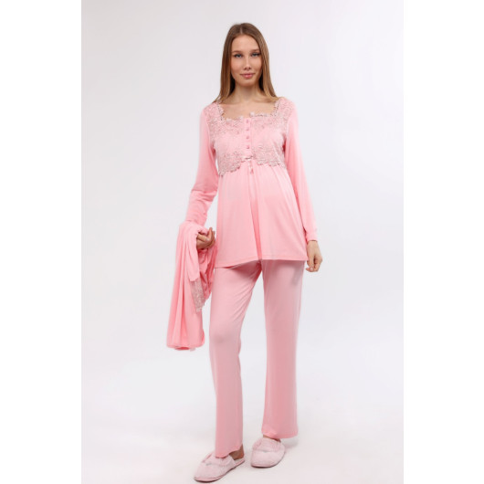 Lace Maternity Pajama Set With Dressing Gown Pink