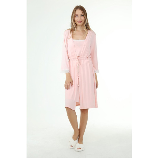 Lace Nursing Nightgown With Dressing Gown And Front Split Pink
