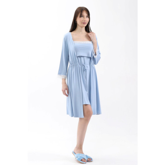Lace Nursing Nightgown With Dressing Gown And Front Split Blue