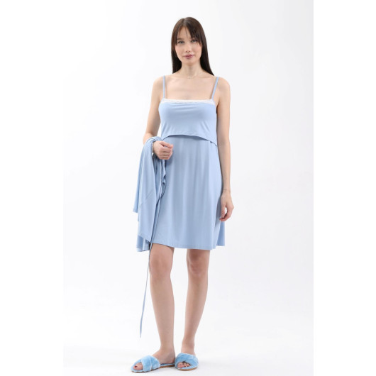 Lace Nursing Nightgown With Dressing Gown And Front Split Blue