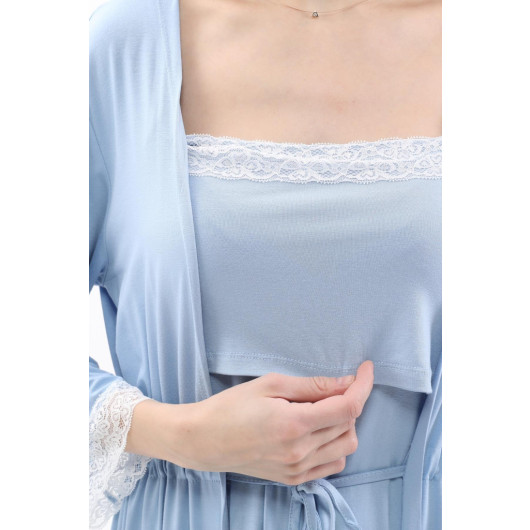 Lace Nursing Nightgown With Dressing Gown And Front Split Blue