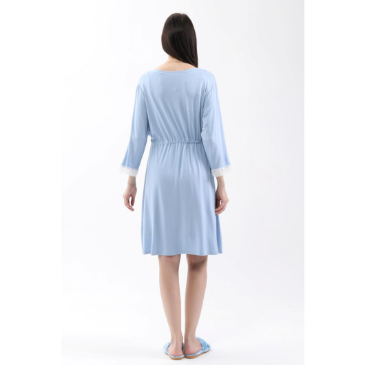 Lace Nursing Nightgown With Dressing Gown And Front Split Blue