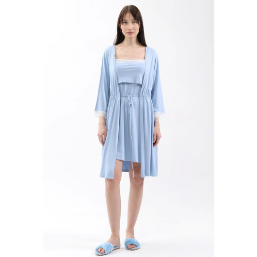 Lace Nursing Nightgown With Dressing Gown And Front Split Blue