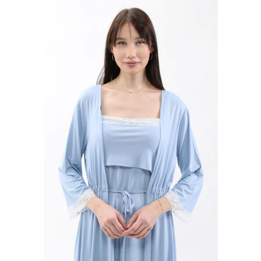 Lace Nursing Nightgown With Dressing Gown And Front Split Blue