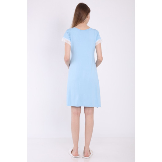 Front Split Lace Maternity Nightgown Blue