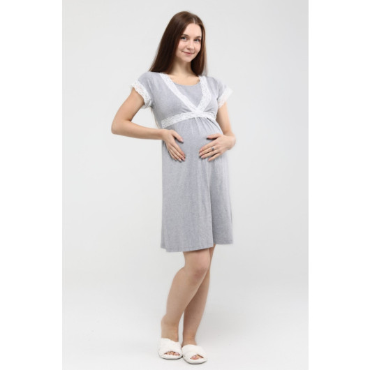 Front Split Lace Maternity Nightgown Gray