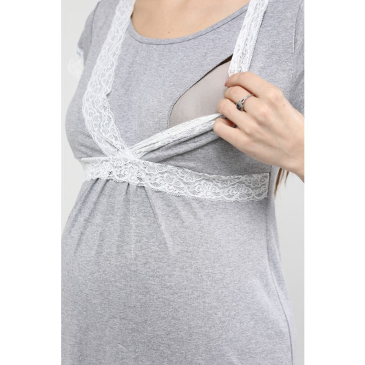 Front Split Lace Maternity Nightgown Gray