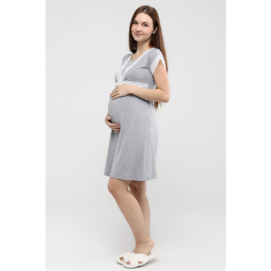 Front Split Lace Maternity Nightgown Gray