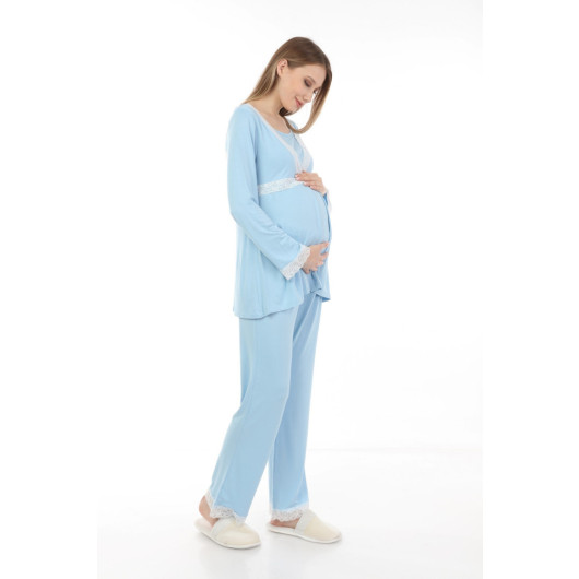 Maternity Pajama Set With Plush Dressing Gown Blue