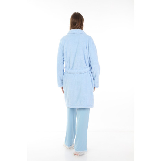 Maternity Pajama Set With Plush Dressing Gown Blue