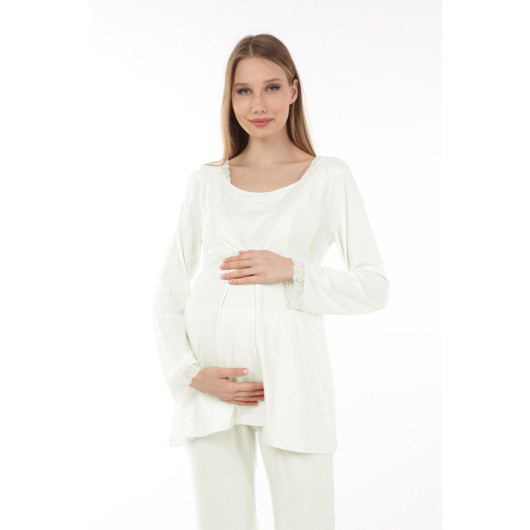 Lacy Breastfeeding Maternity Pajama Set Ecru