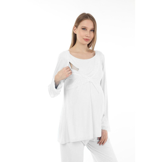 Lacy Breastfeeding Maternity Pajama Set Ecru