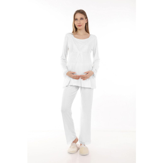 Lacy Breastfeeding Maternity Pajama Set Ecru