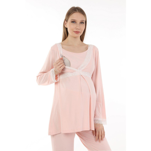 Lacy Breastfeeding Maternity Pajama Set Pink