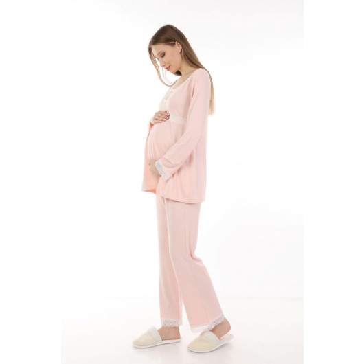 Lacy Breastfeeding Maternity Pajama Set Pink