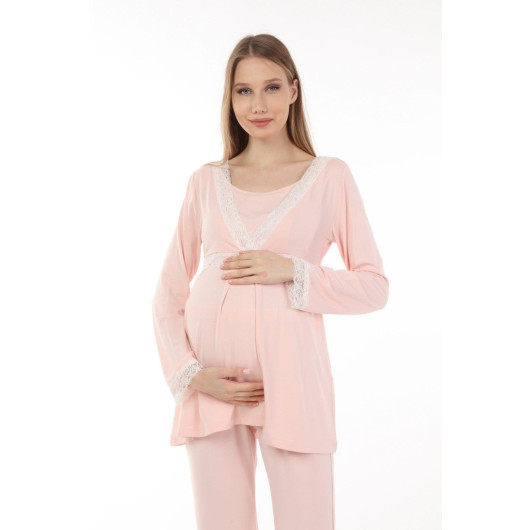 Lacy Breastfeeding Maternity Pajama Set Pink