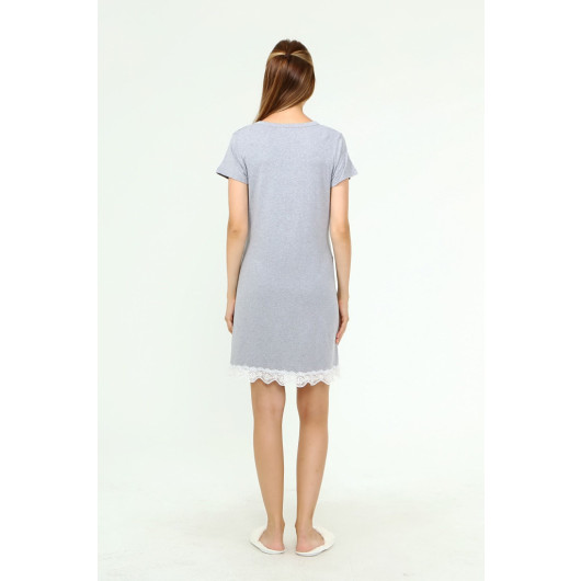Buttoned Lace Pocketed Maternity Nightgown Gray