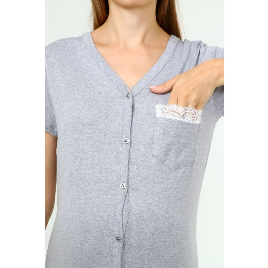 Buttoned Lace Pocketed Maternity Nightgown Gray