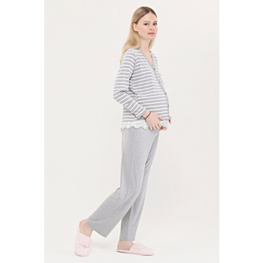 Buttoned Pocket Lace Maternity Pajama Set Gray