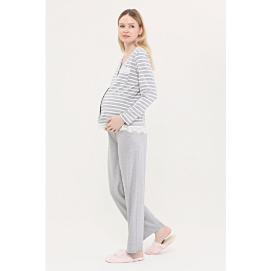 Buttoned Pocket Lace Maternity Pajama Set Gray