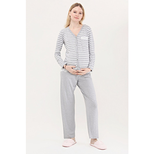 Buttoned Pocket Lace Maternity Pajama Set Gray