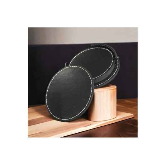 4 Pieces Round Leather Coasters Black Color