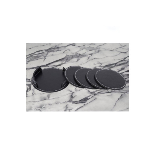 4 Pieces Round Leather Coasters Black Color