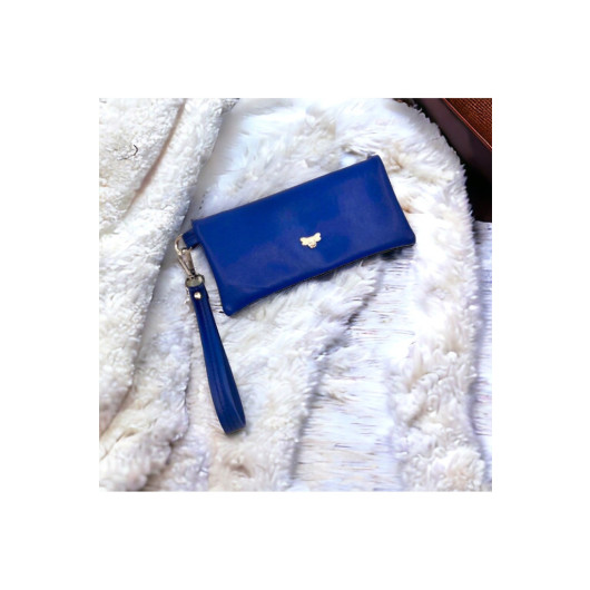 Womens Soft Navy Blue Wallet With Card And Phone Compartment
