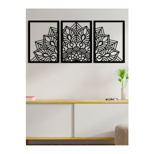 Wooden Decorative Wall Painting 3 Piece Pattern 45X22Cm Black
