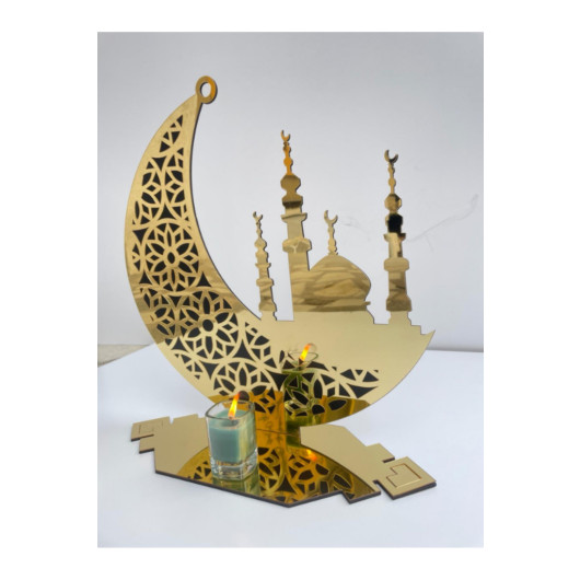 Ramadan Decorative Gold Plexiglass Candle Holder Crescent And Mosque 40X40Cm