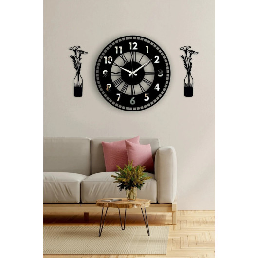 ساعة حائط لغرفة المعيشة مع مزهريات مقاس 40×40 سم