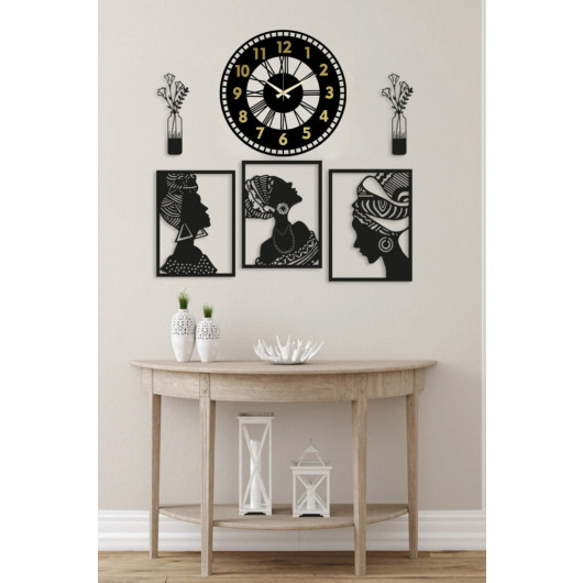 Wooden Decorative Wall Clock And 3 Piece Table 45X22 Cm Black