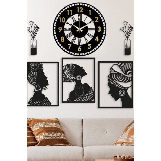 Wooden Decorative Wall Clock And 3 Piece Table 45X22 Cm Black