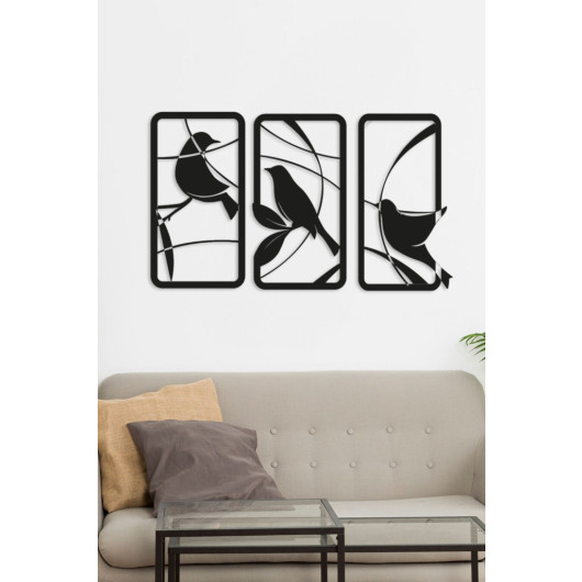 Decorative Wall Painting 3 Frame Birds 45X22Cm Black