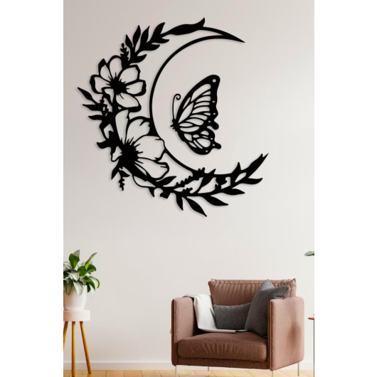 Wooden Decorative Wall Painting Flowery Moon Butterfly 50X50Cm Black