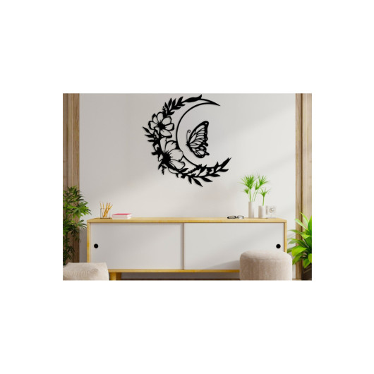Wooden Decorative Wall Painting Flowery Moon Butterfly 50X50Cm Black