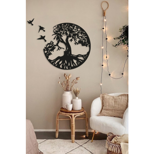 Wooden Decorative Wall Painting Tree Of Life Birds Are Flying 50X50 Cm Black
