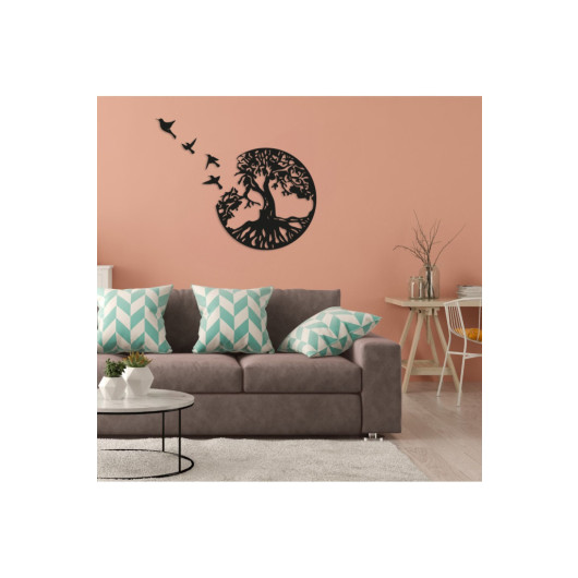 Wooden Decorative Wall Painting Tree Of Life Birds Are Flying 50X50 Cm Black