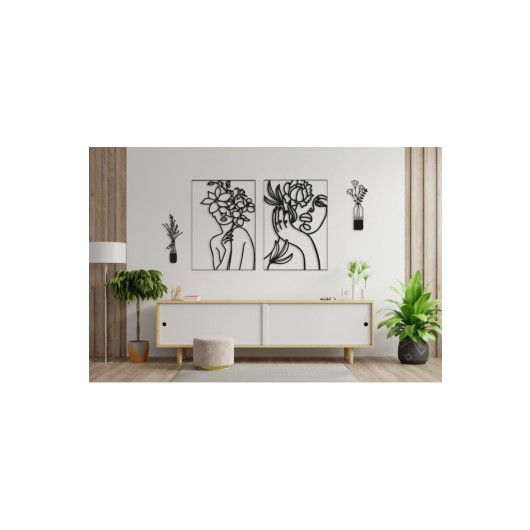 Wooden Wall Painting Women With Flowers 45X22Cm Black