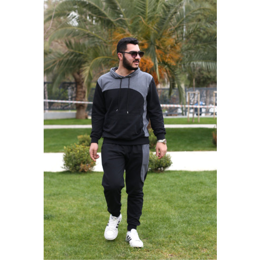 Men Tracksuit With Pockets And Elasticated Hems, Black, Smoke, Size L
