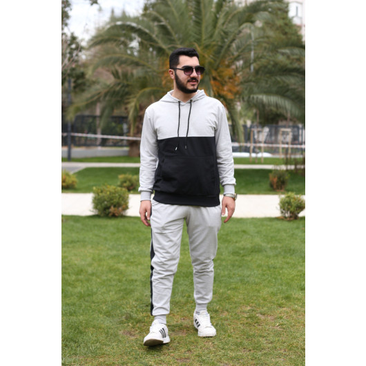 Comfortable Cut Men Tracksuit Set With Pockets And Elastic Cuffs, Gray, Black, Size Xl