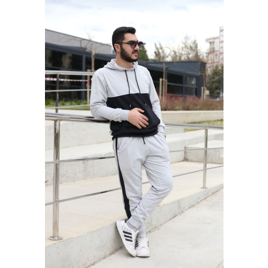 Men Tracksuit Set With Pockets And Elastic Legs, Gray, Black, Size Xxl