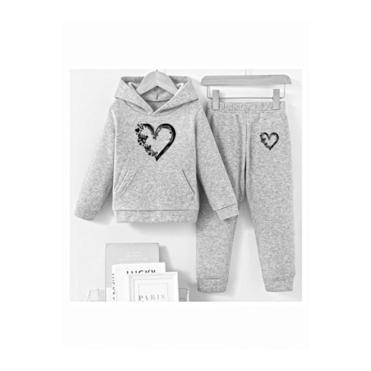 Girl Suit Black Heart Printed Tracksuit Set Girl, 10 Years Old