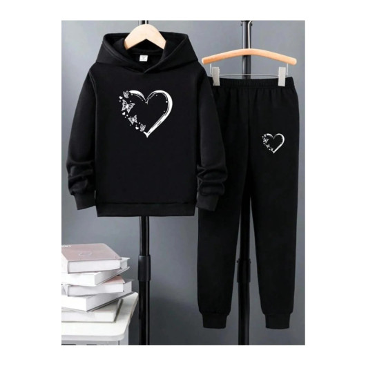 Girl Black Suit, White Heart Printed Tracksuit Set, Girl, 11 Years Old