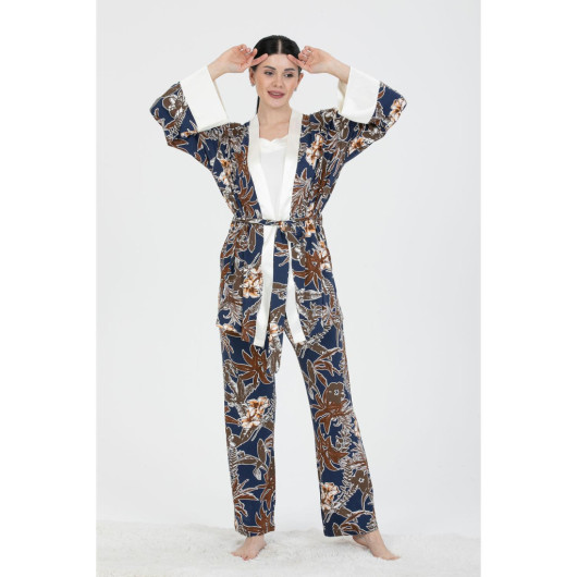 Women 3 Piece Pajama Set With Dressing Gown And Top Strap