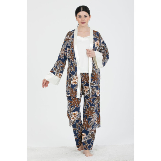 Women 3 Piece Pajama Set With Dressing Gown And Top Strap