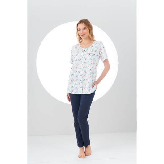 Women Top Patterned Buttoned Pajama Set